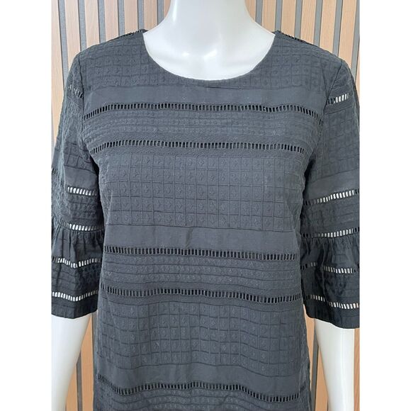 J. Crew Women's 2 Black Dress Cotton Shift Eyelet Flutter Sleeve Preppy Summer - Picture 3 of 11